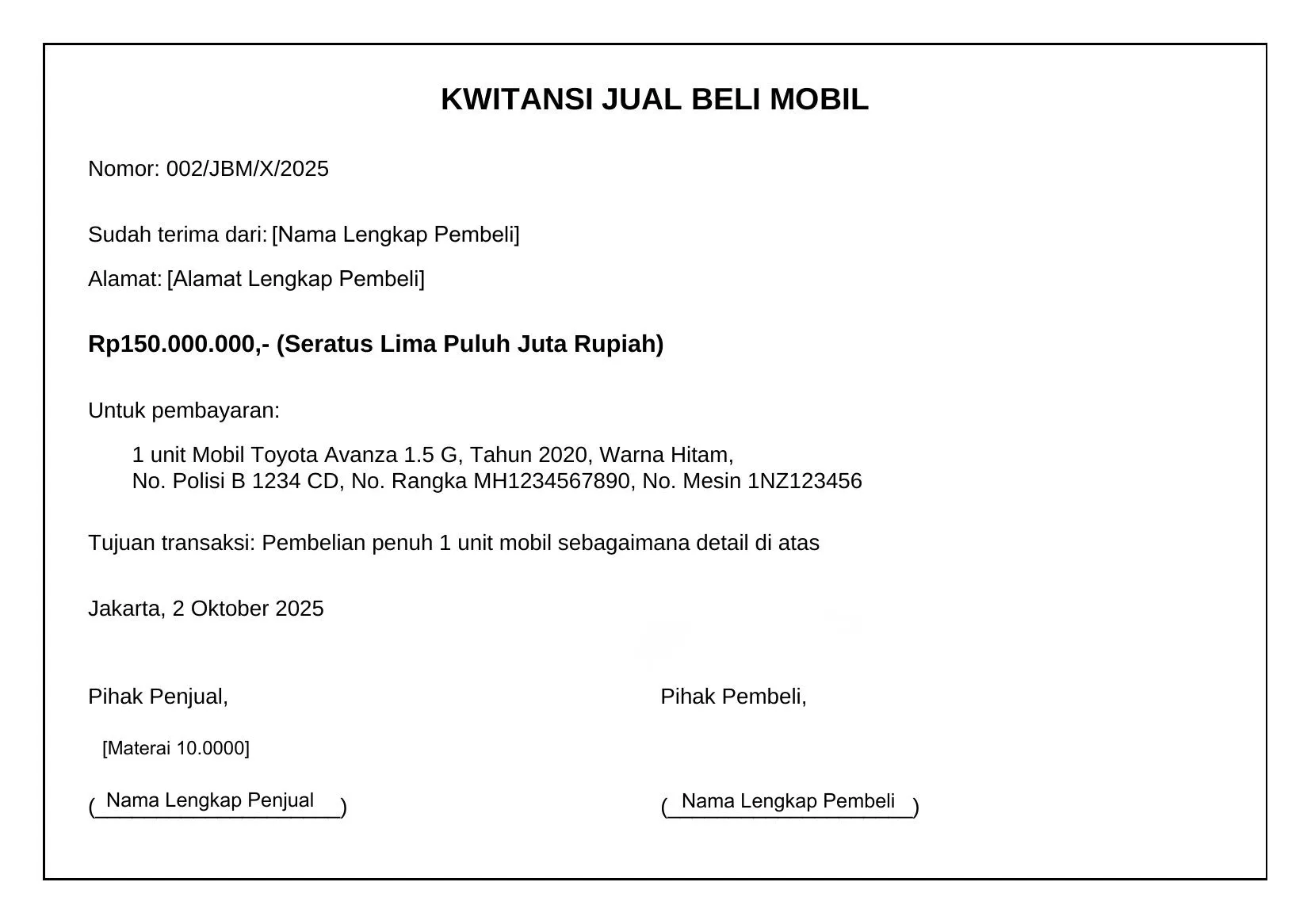 Contoh Kwitansi Jual Beli Mobil